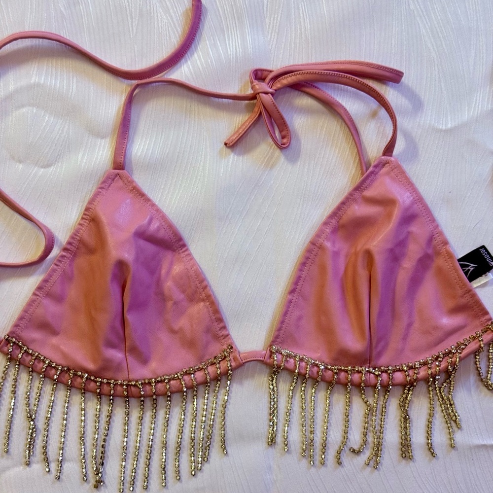 Windsor Pink Rhinestone Fringe Bralette Halter Top Festival Clubwear NWOT L